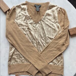V-Neck Mixed Media Silk, Cashmere Tan Sweater